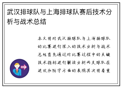 武汉排球队与上海排球队赛后技术分析与战术总结