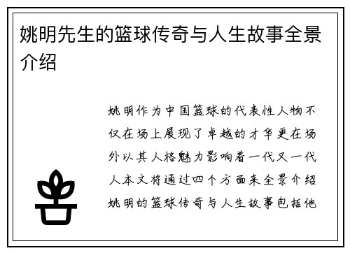 姚明先生的篮球传奇与人生故事全景介绍